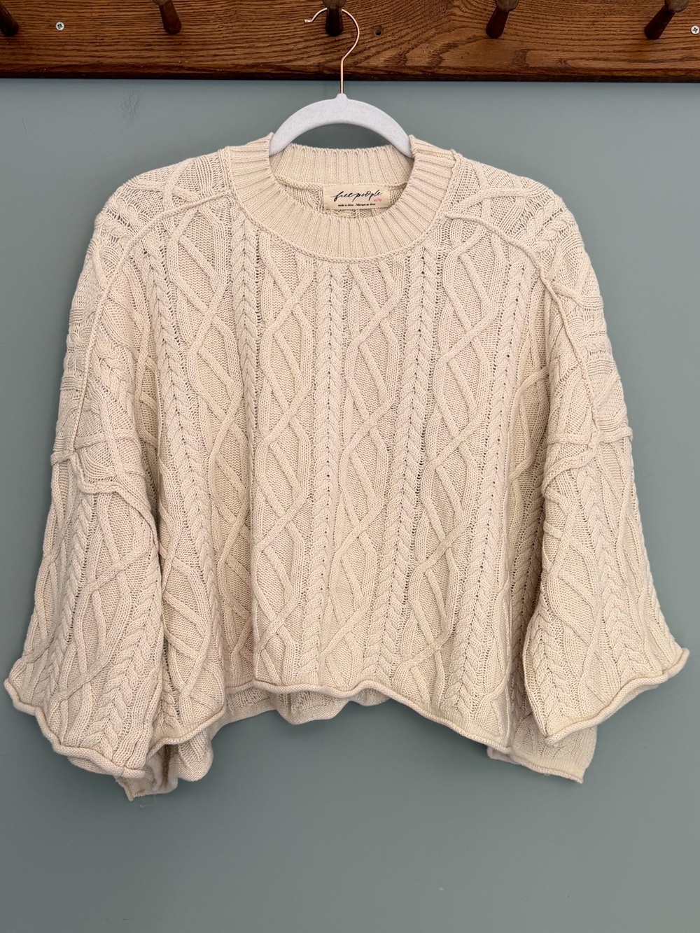 Free People "Ashore" 100% Cotton Cream Cable Knit Oversized Cropped Knit Sweater